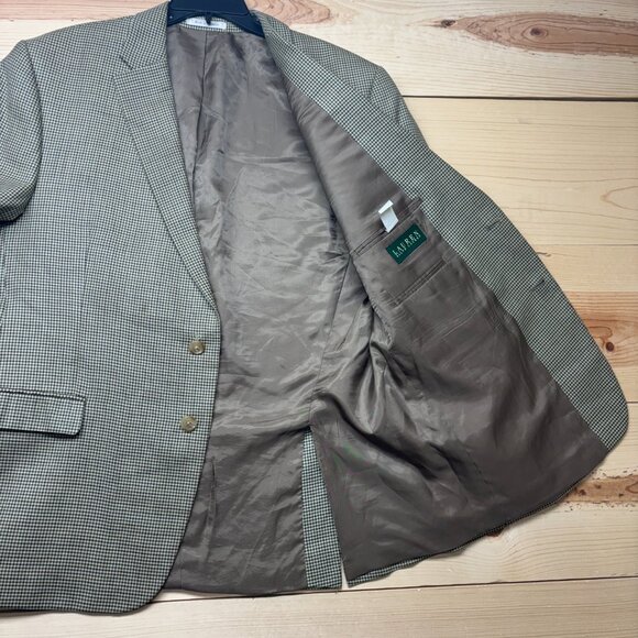 Lauren Ralph Lauren Houndstooth Blazer 46R Brown Tan Silk Wool Blend Coat Jacket - Picture 9 of 14